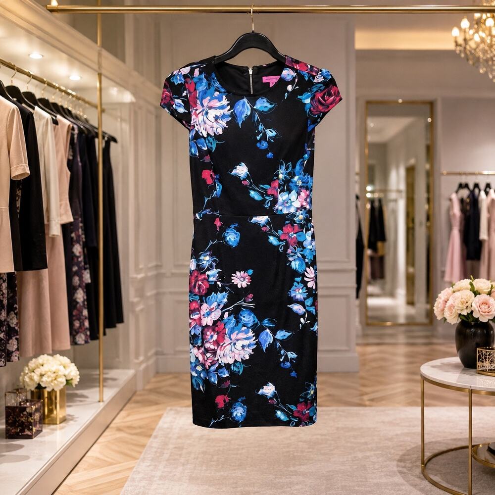 Betsey Johnson Dress 6 Black Floral Cap Sleeve Pencil Sheath Exposed Zip Event